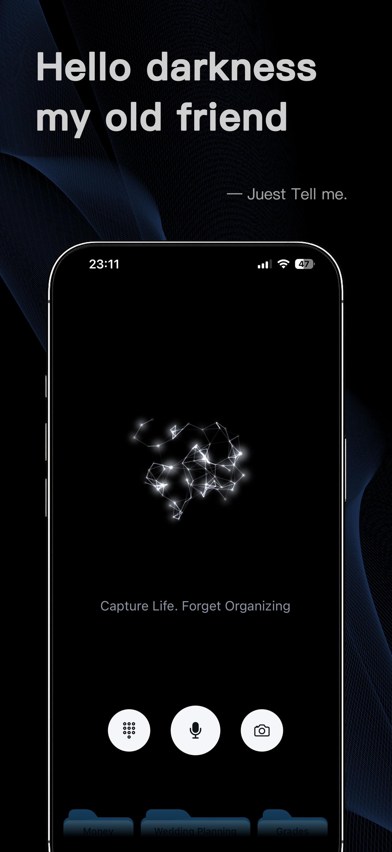 Widenote home screen: a glowing particle constellation above three round buttons — keypad, microphone and camera