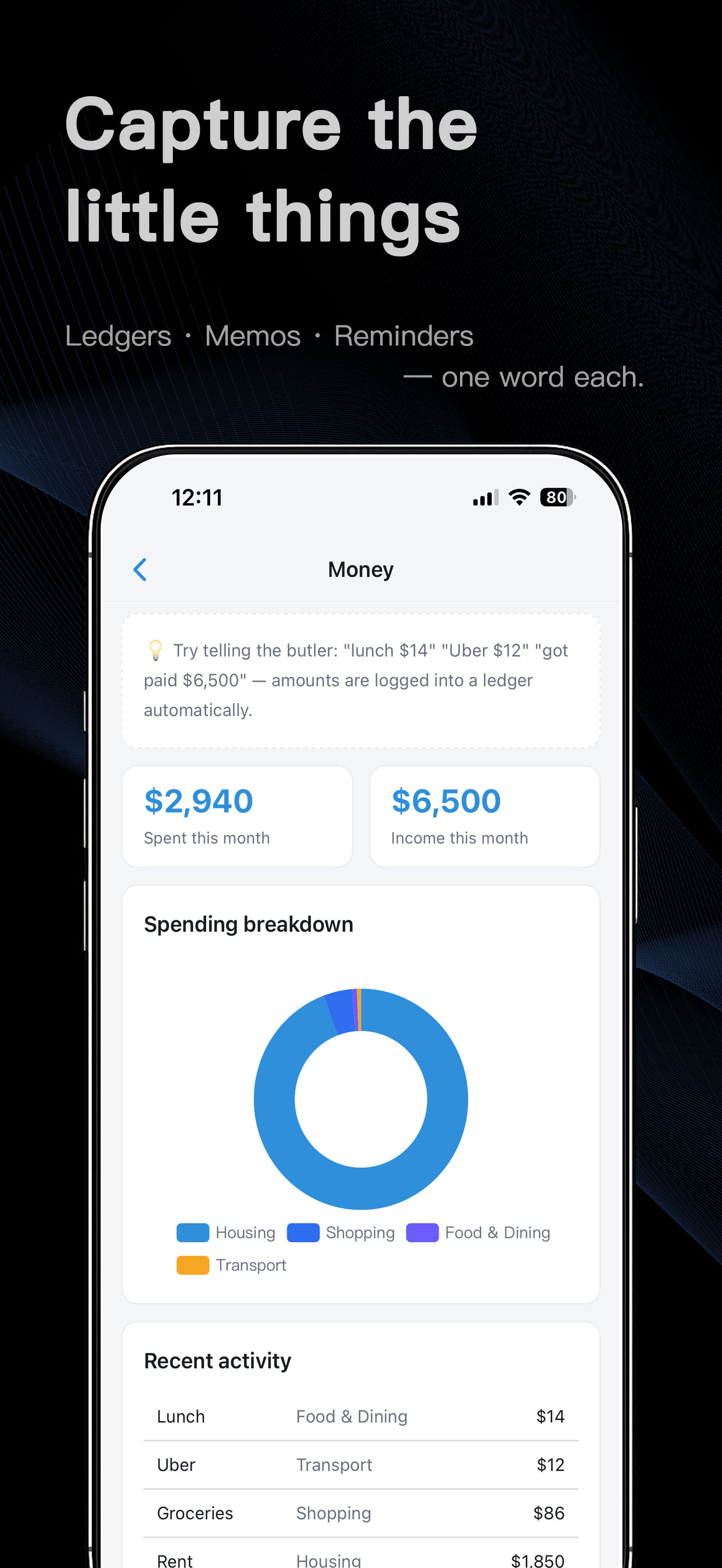 Widenote Money page: monthly spending and income cards with an automatic spending-breakdown donut chart
