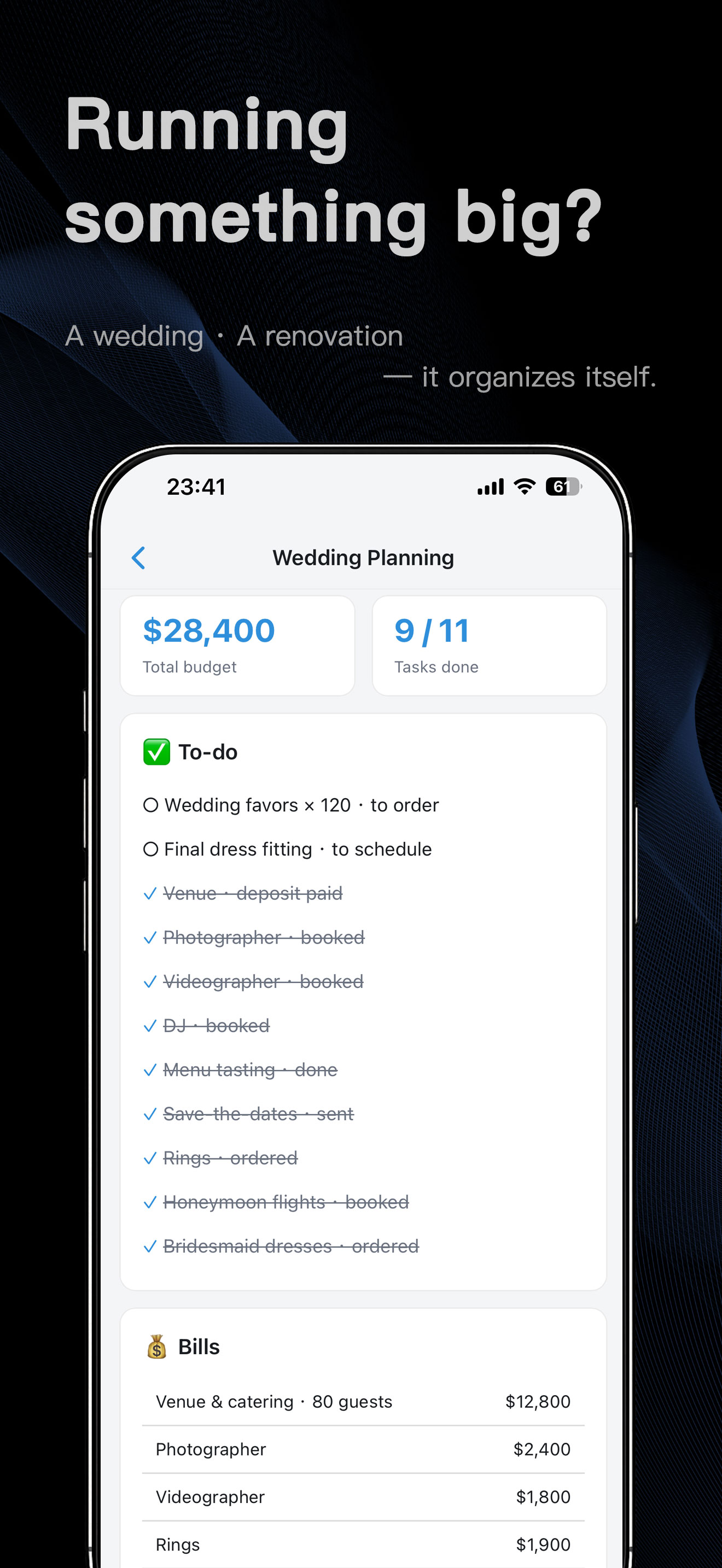 Widenote Wedding Planning page: total budget, tasks done, a to-do checklist and a bills table