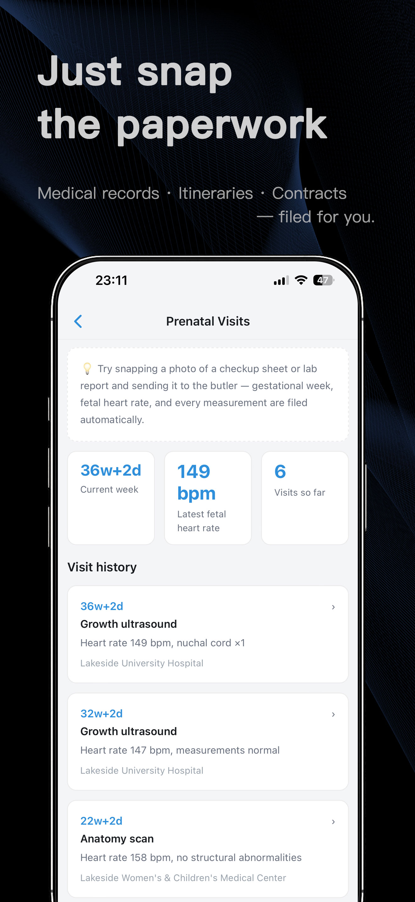 Widenote Prenatal Visits page: current week, latest fetal heart rate and a visit history filed from photos
